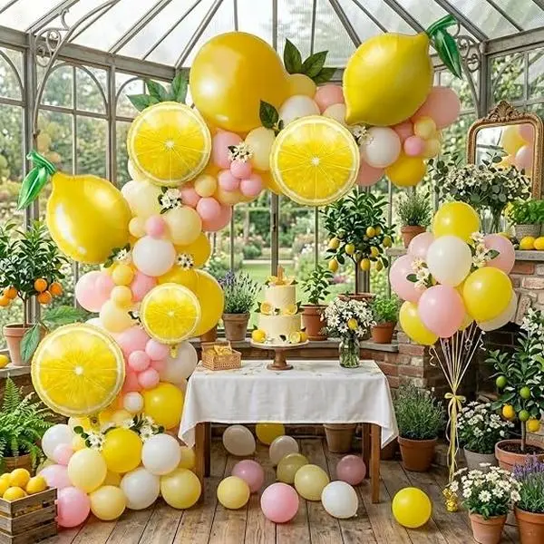 121pc Yellow Pink Lemon Balloon Garland Arch Kit, Sun Foil Balloons, Summer Birthday Bridal Baby Shower Lemonade Decor