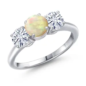 Gem Stone King 3-Stone Engagement Ring for Women in 925 Sterling Silver | Gemstone Birthstone and White Moissanite | Wedding Anniversary Promise Ring | Sizes 5-9