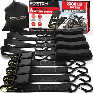 2300lb Break Strength, 4 15ft Tie Down Strap Set, 4 Soft Loops, Motorcycle Straps Tie Downs, Cargo Straps for Trucks, Rubber Handles, S-Clips