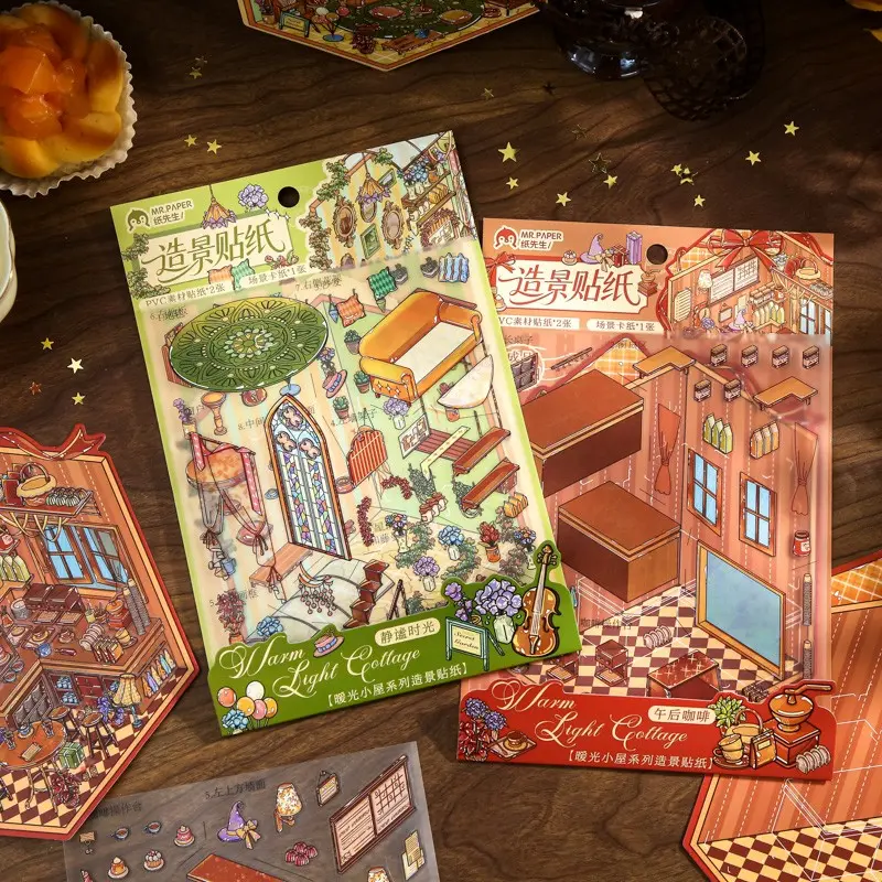 4 Sheets Per Pack! Today Open Celebrate Lantern Festival 2.5D Scenery Diy Decorative Stickers Pet Card Ultra Large Size Handmade Scrapbook Material Adhesive Sticker Packs Aesthetic Stickers
