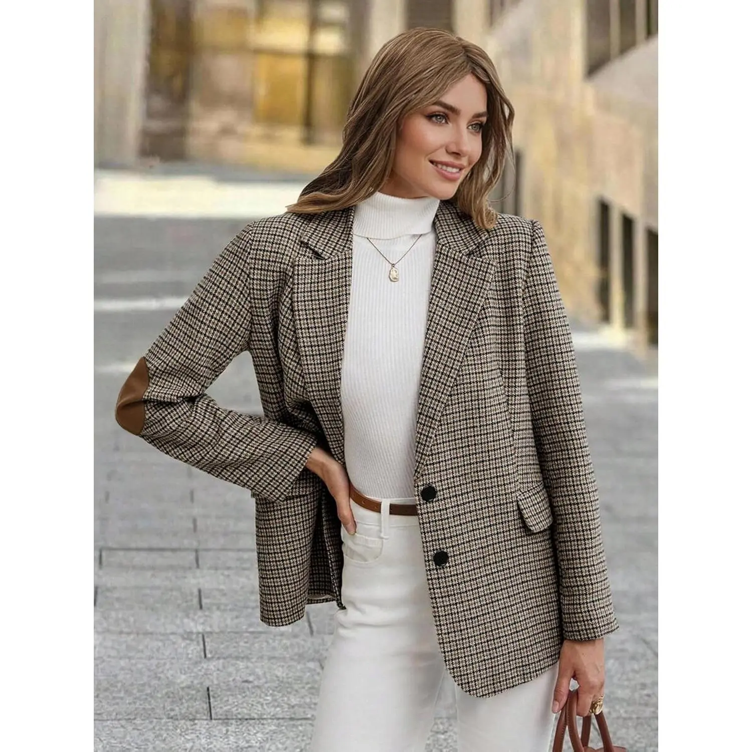 Mina self Women's Classic Houndstooth Tweed Blazer with Elbow Patches - Long Sleeve Lined Jacket for Dress Casual Work and Smart Casual Style, Plaid, Business, Lady, Office Ootd, Wardrobe Staples, Suit, Clothes, Tweed Fabric, True Size, Smooth Fabric, Vin