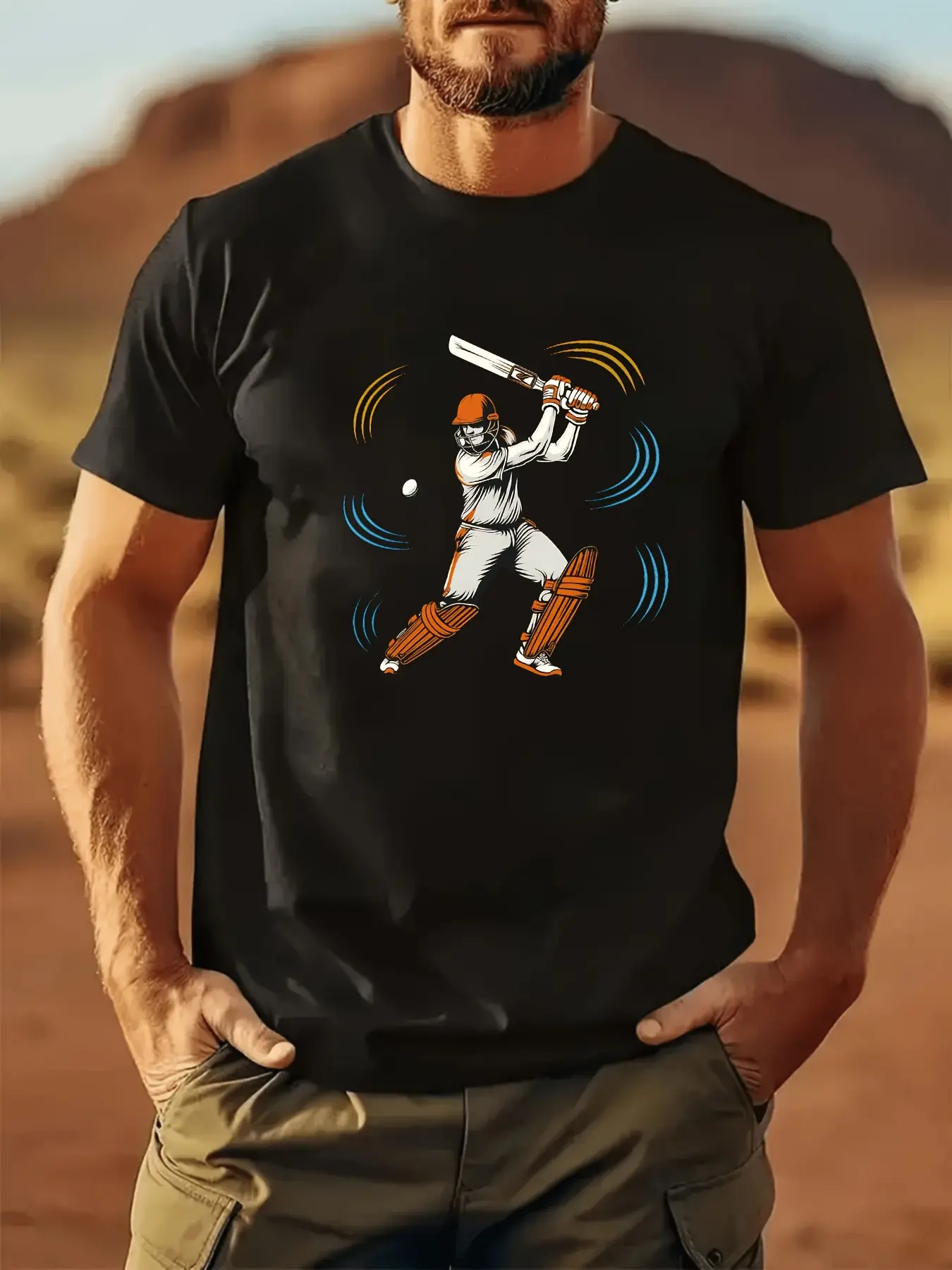 Men's Sporty Cricket Graphic T-shirt, a Casual Short Sleeve Pullover Top in Slight Stretch Polyester for Summer Wear, Tshirt, Fabric, Shortsleeve, Menswear, Round Neck, Knit, Regular Fit