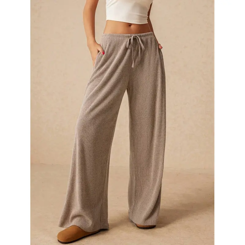 Women's Solid Color Tie Waist Pockets Wide Leg Loose Casual Versatile Pants, Autumn/Winter Fabric Fit
