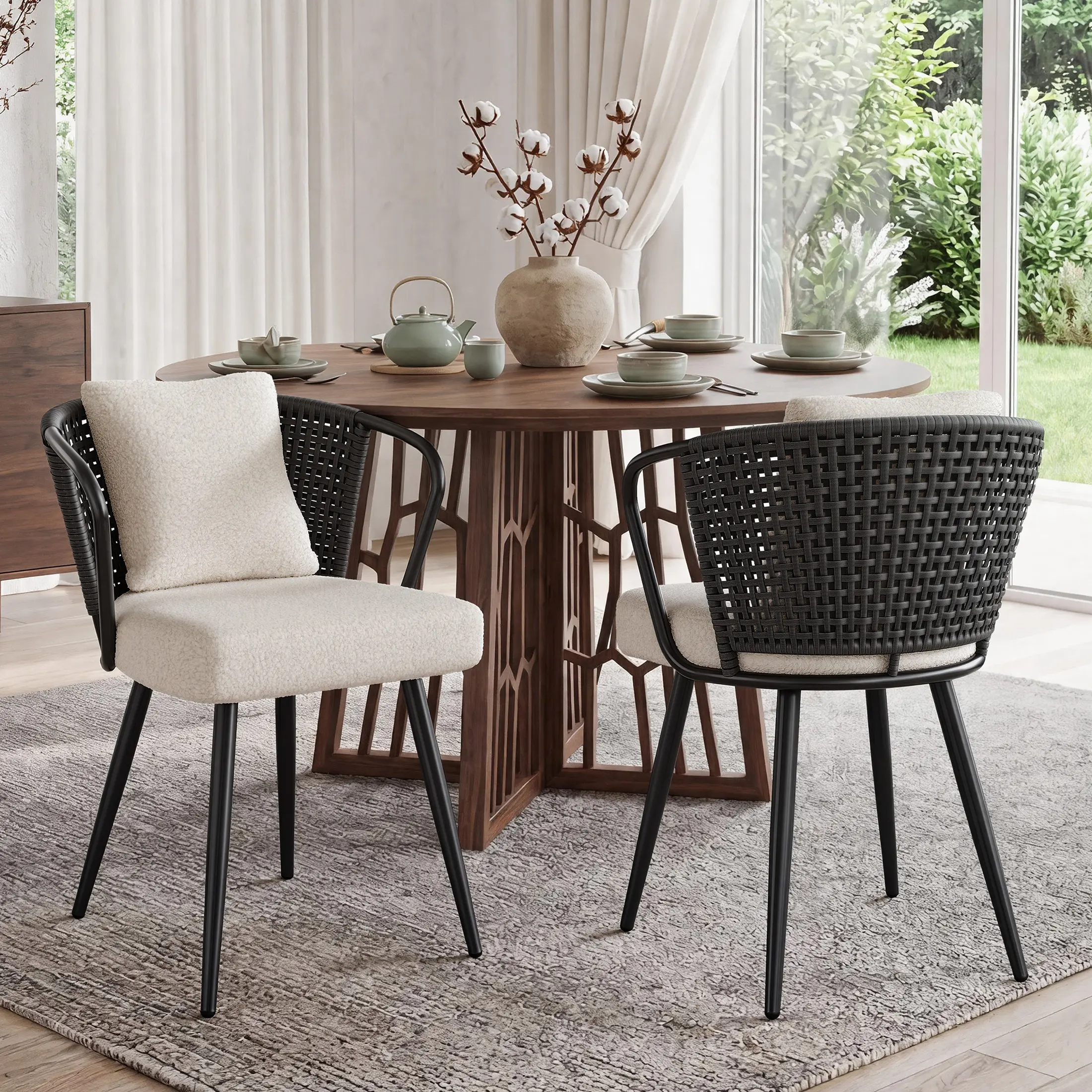 Rattan Dining Chairs Set of 4, Modern Upholstered Kitchen Chair with Metal Legs, Ergonomic Curved Backrest, Mid Century Living Room Chairs with Throw Pillow