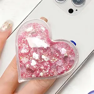 Creative heart-shaped stretchable phone grip - Pink gravel glitter foldable phone holder, suitable for girls and women, cute phone decoration and accessory, finger grip fixing holder for Kindle and iPhone.