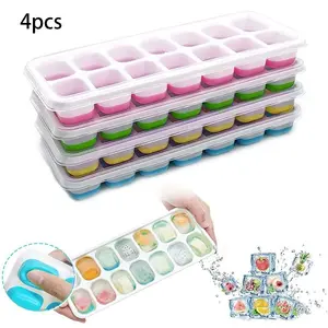 Ice Cube Trays 4 Pack, Ice Cube Tray with Lid, Stackable Flexible Silicone Ice Trays, Mini Circle Ice Cube Tray for Beer, Drinks, Whisky, Cocktails