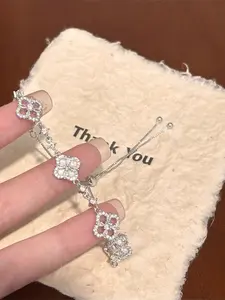 Women's Elegant Adjustable Zirconia Four-Leaf Clover Bracelet, Luxury Party Jewelry, Trendy Jewellery Accessories, All Seasons Accessory, Unique Design