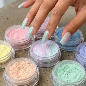 Mermaid Chrome Nail Powder Set, 9 Colors, High Gloss Pearl Magic Mirror Powder, Round Shape, No Fragrance, Includes 5 Eye Shadow Sticks