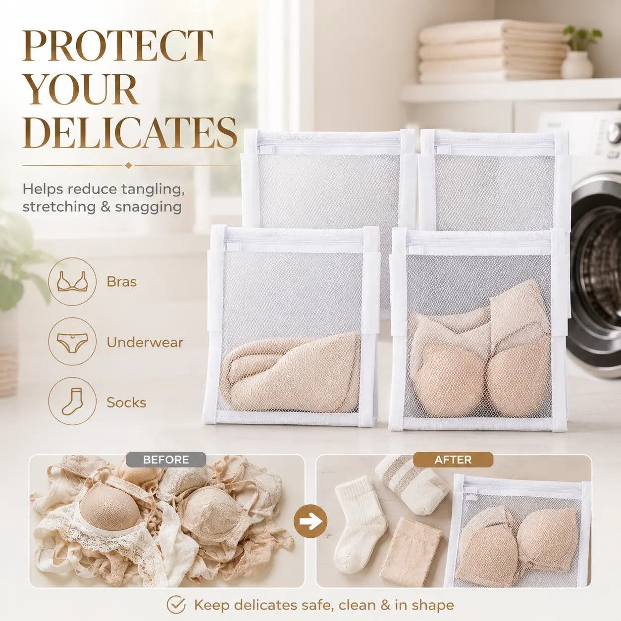 Naviconvex 4-Pack Portable Mesh Laundry Bags with Zippered Closure - Lightweight, Breathable, Anti-Tangle, Protective Organiser for Delicates, Dorms Cleaning Accessories, Machine-Safe Home Laundry Tool, Zip Closure