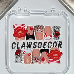 Scarlet Kiss Press On Nails – 3D Lip & Heart Rhinestone Set – Y2K Glam Square Nails – Bold Red Valentine Luxury