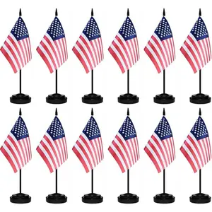 12 Pcs USA Desk Flags Set, American Small Mini Office Desktop Flag With Black Flagpole and Black Base For Home Office Decoration, 13×8Inches
