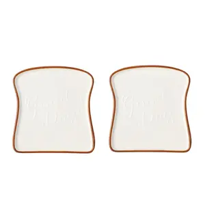 Toast Shape Plate, Ceramic Bread Plate, Handmade Cake Plate, Cute Toast Dish, Brown Ceramic Plate, Family Restaurant Plate, Aesthetic Dinnerware, Toast Shaped Dishware, Creative Food Plate, Dessert Plate Set, Unique Serving Plate, Handmade Kitchen Plate