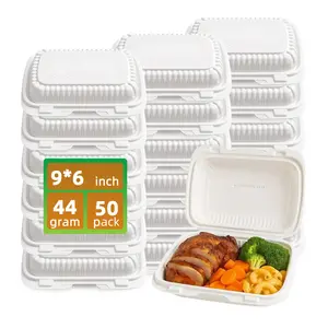 9X6 1-Compartment 50-Pack Plastic Clamshell Food To Go Box Containers Carryout For Sandwich Salad Heavy Duty Disposable Hinged With Secure Snap Lid To Go Containers Microwave and Freezer Safe - Reusable & Disposable Heavy Duty Clamshell Takeout |