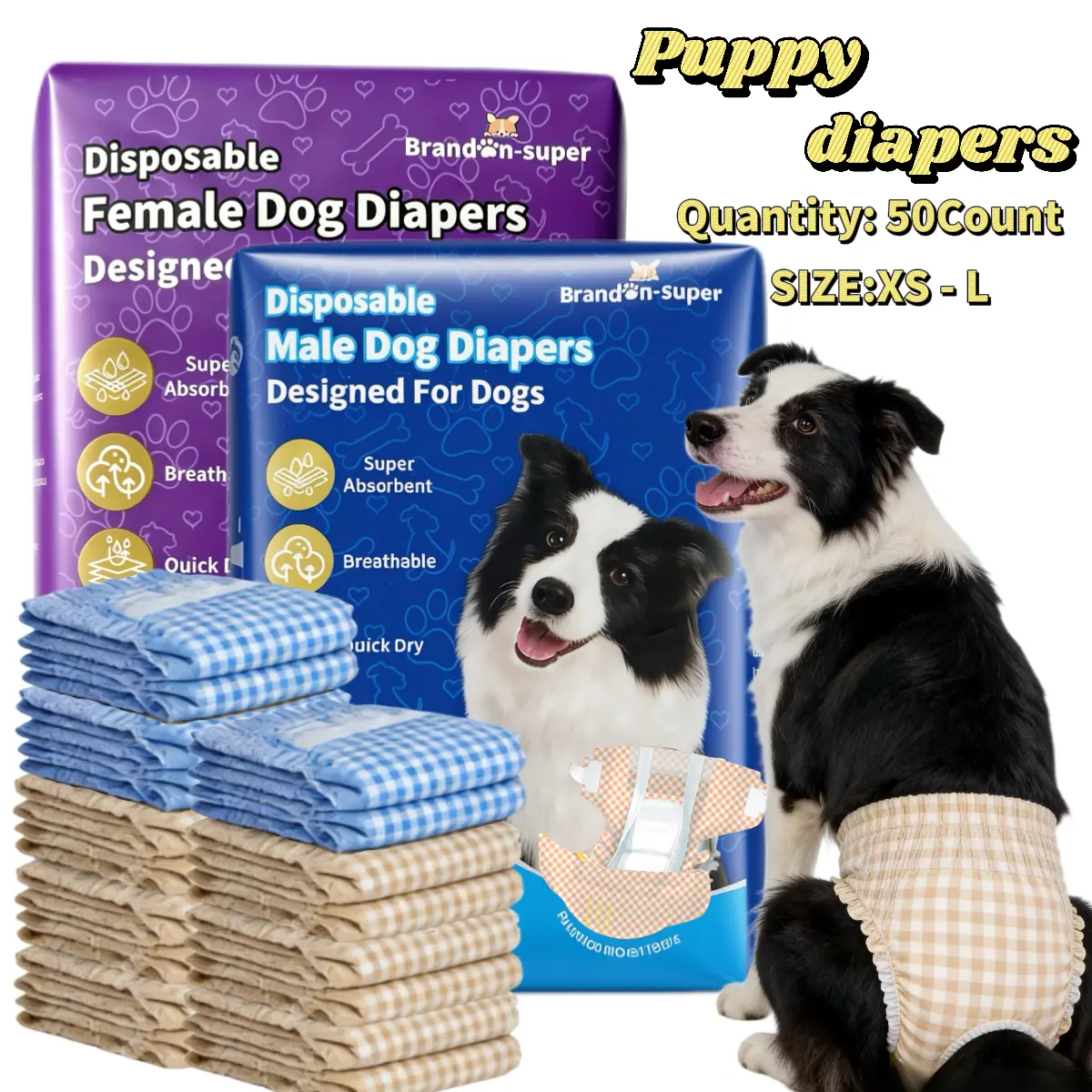 BRANDON-SUPER 50 sanitary pads for male and female dogs, Dog nappy，Pet nappies，super absorbent disposable dog diapers - leak proof and comfortable patches, suitable for puppies, elderly dogs, incontinence and postoperative recovery, pet dog diapers,