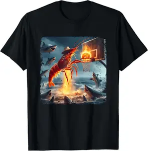 Cotton graphic tees Shrimp Dunking on Shark Funny Fishing Meme Basketball T-Shirt