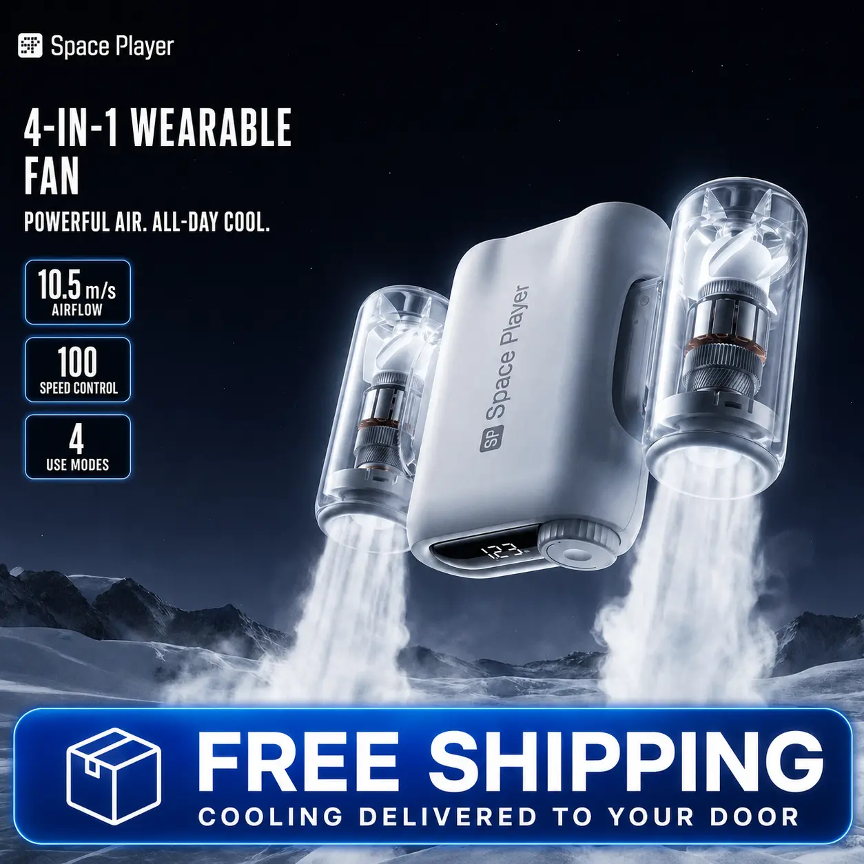 Spaceplayer Portable Wearable Fan - 9000mAh 4-in-1 Clip-on Belt/Neck Waist-Worn Rechargeable Device with PCM Ice Cooling, Dual Motors, LED Light, Cells, Beat the Heat for Outdoor Camping
