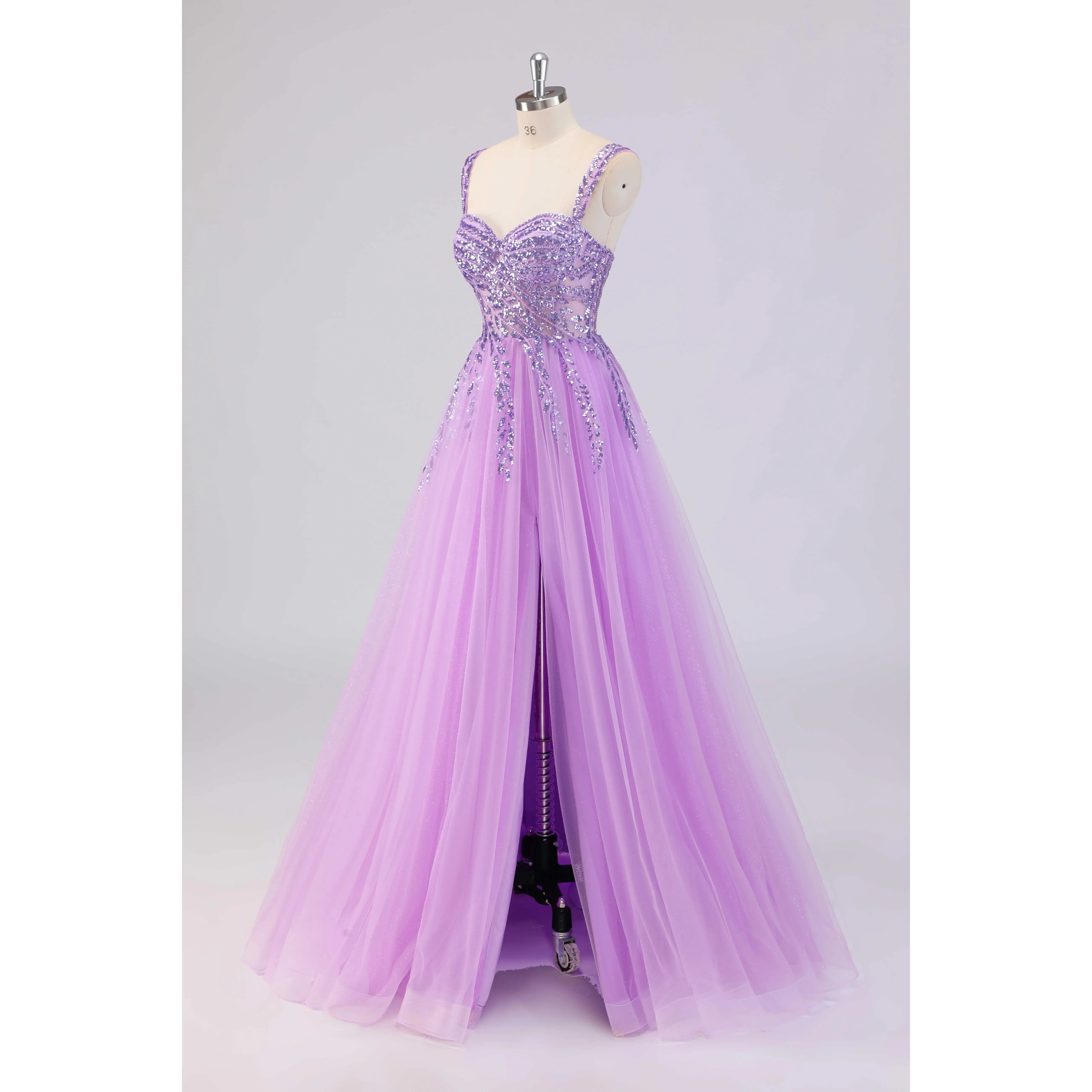 Sparkly Tulle Prom Dresses for Teens 2026 Sequins Beaded Prom Dress with Slit A-Line Corset Evening Formal Gowns