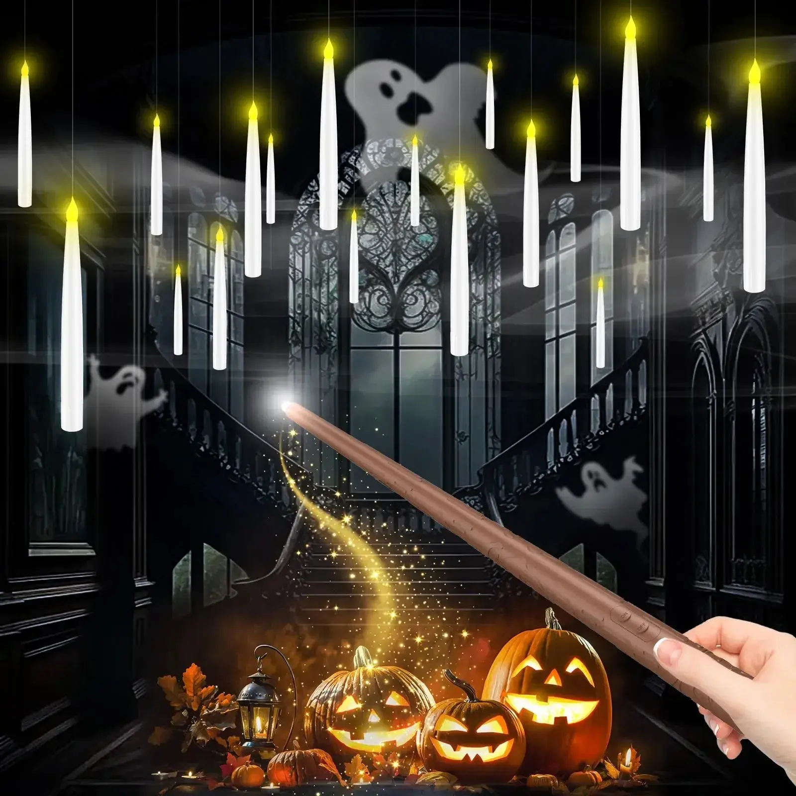 12Pcs Flameless Candles with Magic Wand Remote for Christmas Decor, 6.69" Floating Candles Battery Operated Hanging Window Candles, Flickering Electric LED Candles for Christmas Halloween Decorations