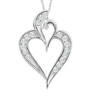 10K White Gold 1/2Ct TW Real Diamond Heart Pendant Necklace 1" Tall
