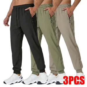 Men's 3 Pack Comfort Fit Quick Dry Joggers, Elastic Drawstring Athletic Pants with Zipper Pockets for Gym, Running & Summer Adventures