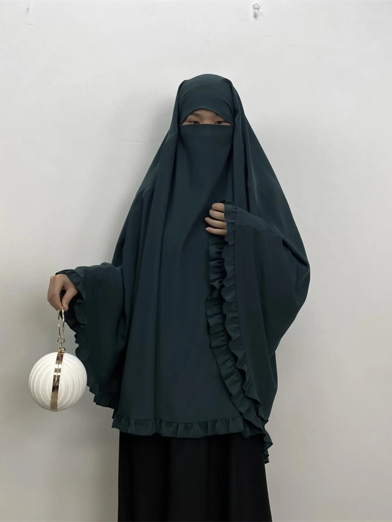 Women's Solid Color Ruffle Trim Khimar, Modest Fashion Long Sleeve Hijab for Daily Wear, Women's Islamic Clothing for All Seasons