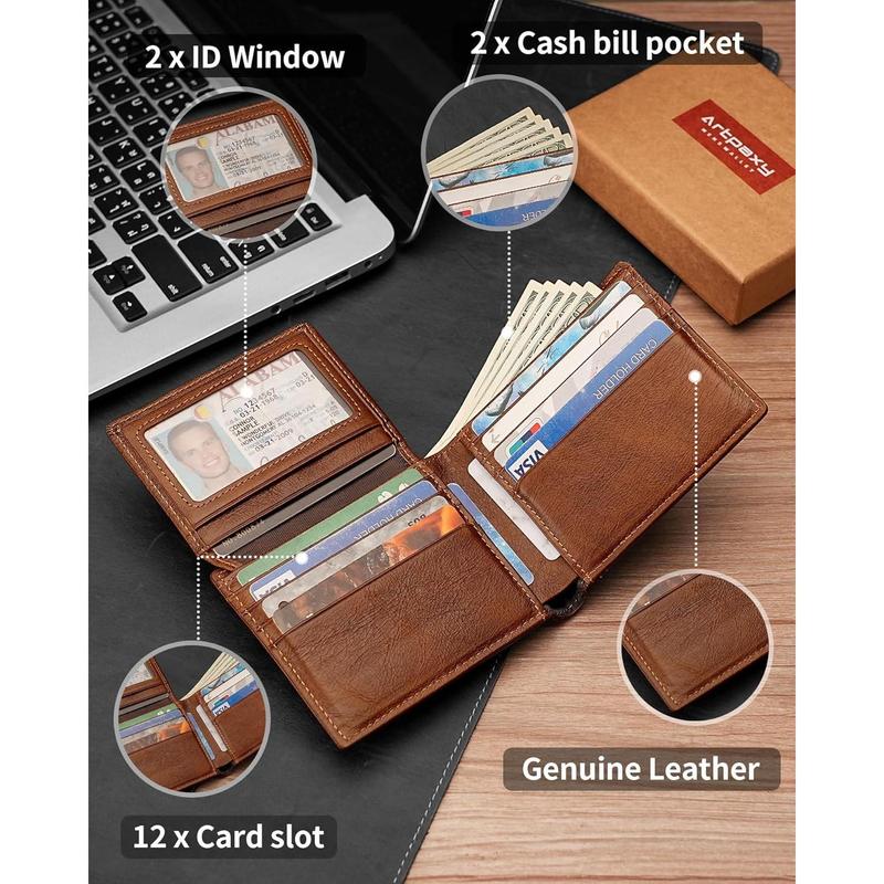Mens Wallet With AirTag Holder, Bifold Leather RFID Blocking 1-2 ID Windows 12-13 Card Holders, Gift Box and Screen Protector Included, AirTag Not Included