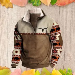 Men's Western Jacket Cowboy Bull Head Print Pullover 1/4 Zip Stand Collar Casual Fashion Long Sleeve Sweatshirts Hoodie Menswear Graphic Cotton Coats