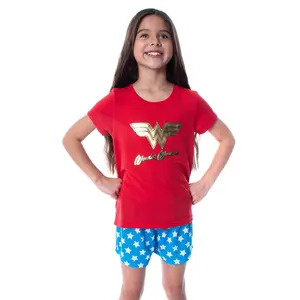 DC Comics Girls' Wonder Woman Gold Foil Logo Shirt and Shorts Loungewear 2 Piece Pajama Set