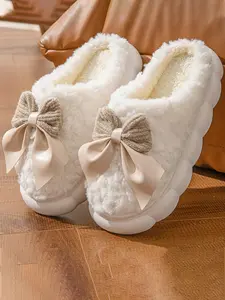 Butterfly Knot Slippers Autumn Winter Indoor Home Warm Thick Sole Plush Slippers Unisex Outdoor Shoes, Cozy Footwear for Men & Women