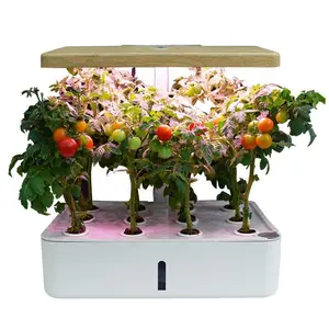 GROW24 Smart Indoor Hydroponic Growing System with LED Grow Light, Wooden Top Cover with Touch Control Bottoms, White Base