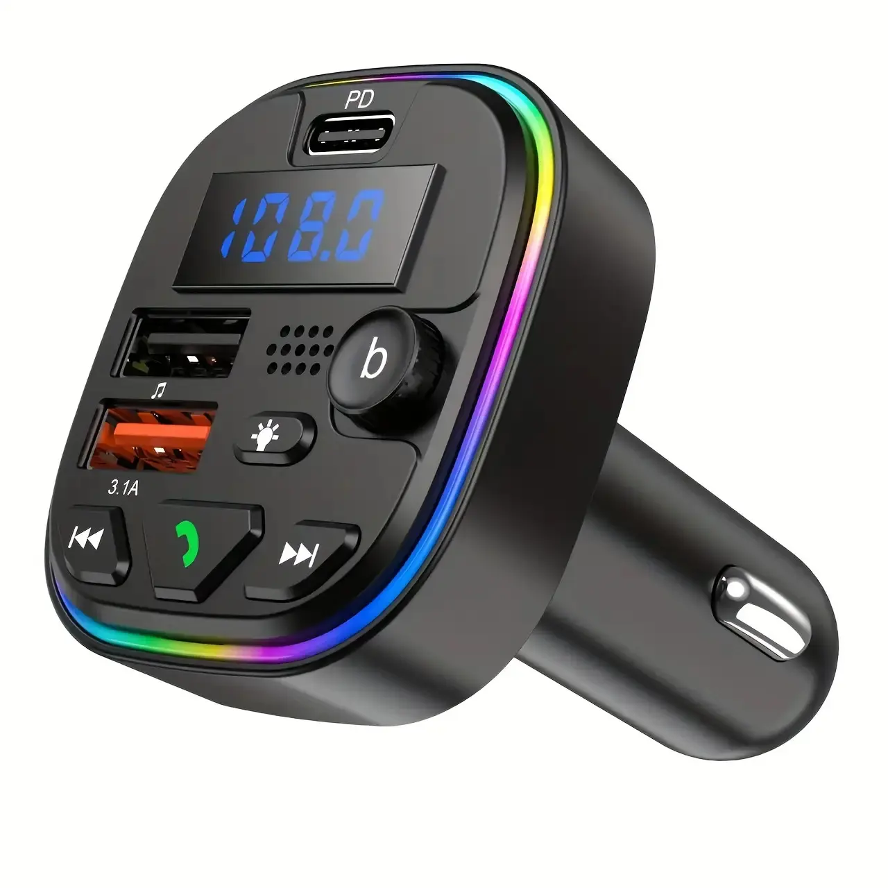 Car Hands-Free Speakerphone & Lighter Charger with Dual / Power, LCD Display, Volume/Track/Music Control - Calling, Smartphone/Tablet Charging, Compatible with / Devices (No External Antenna