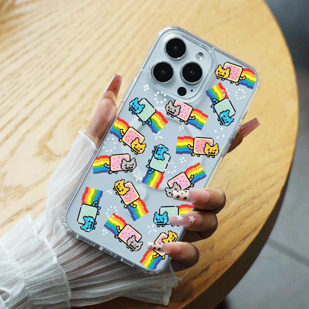 Pixel Art Nyan Cat with Rainbow Repeat Pattern Clear Magnetic Phone Case for Samsung iPhone 11/12/13/14/15/16/16E/17 - Lightweight, Anti-Fingerprints, Easy to Clean