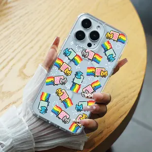 Pixel Art Nyan Cat with Rainbow Repeat Pattern Clear Magnetic Phone Case for iPhone 11/12/13/14/15/16/16E - Lightweight, Anti-Fingerprints, Easy to Clean