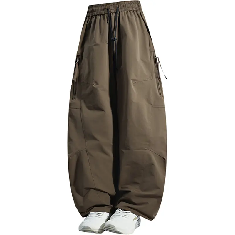 Men's Solid Ice Silk Casual Pants, Loose Fit American Vintage Style with Drawstring Waist, Zipper Pockets & Adjustable Cuffs, Summer Menswear, Clothes