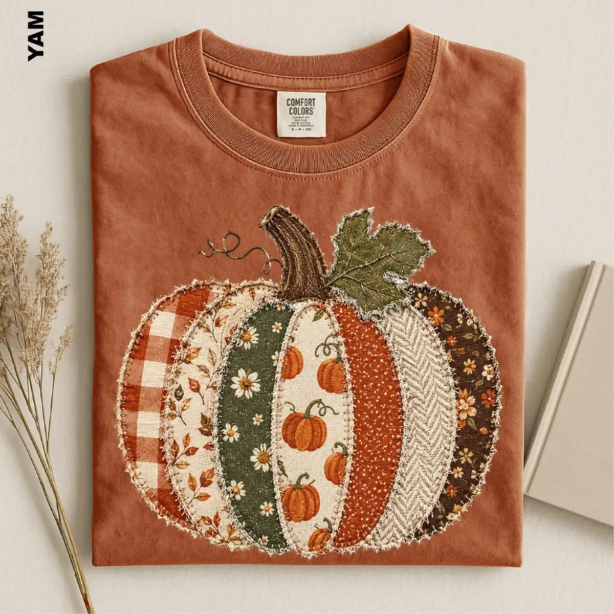 Faux Patchwork Comfort Colors Fall Pumpkin Shirt, Vintage Autumn Thanksgiving Graphic T-Shirt, Cute Faux Applique  Pumpkin Buffalo Check Floral Cottagecore Unisex Top,  Cute Gift, Checkered Pumpkins Tee