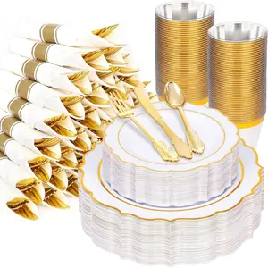 350PCS Gold Disposable Dinnerware Set for 50 Guests, Baroque Set Include 100 Dinner Dessert, 50 Rolled Cutlery, 50 Cups for & Wedding