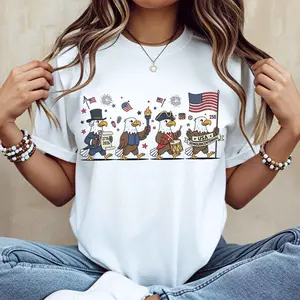 American Eagle Patriotic Parade Print T Shirt White Casual Round Neck Tee For Independence Day Celebration