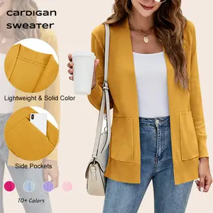 Fisoew Women's Long-Sleeve Open-Front Knit Cardigan with Pockets