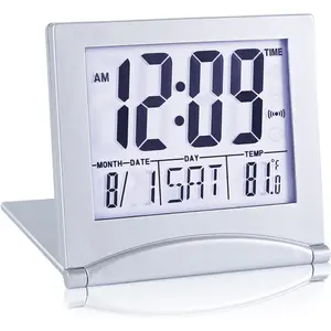 Small Digital Travel Alarm Clock Battery Operated, Portable Large Number Display Loud Alarm Clock with Temperature, Night Backlight, 12/24 H Desk Clock -Silver (White Light)