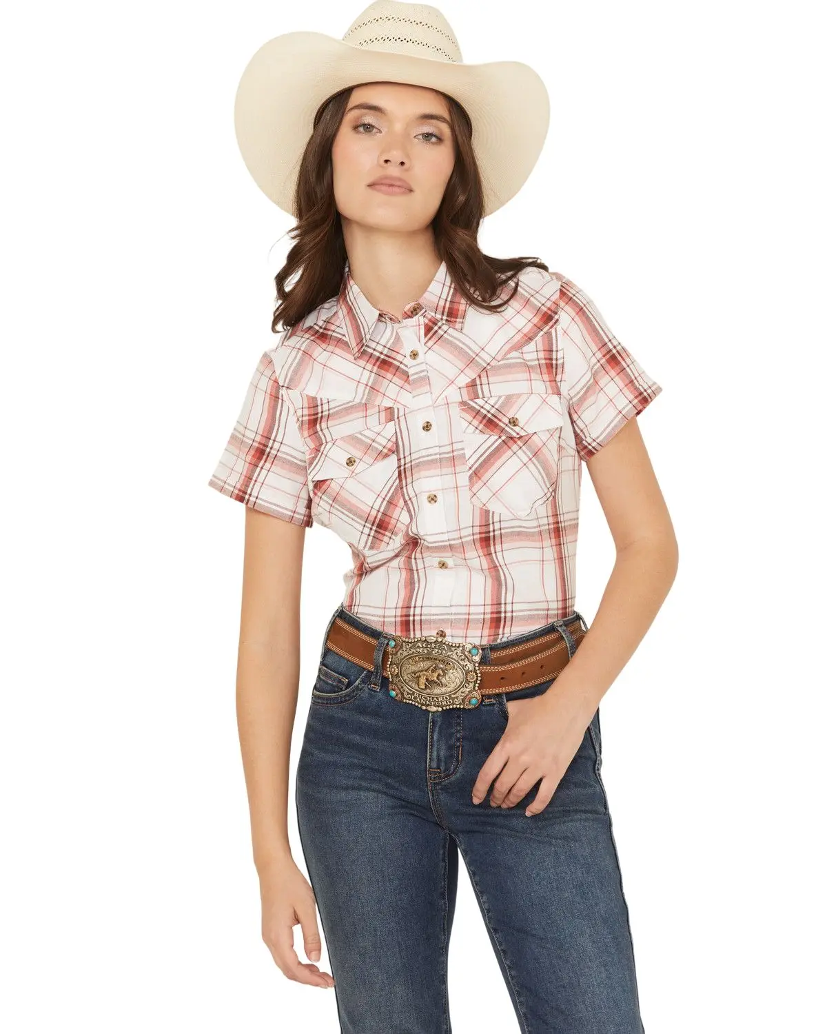 Shyanne Women's Women'S Plaid Print Short Sleeve Button-Down Western Shirt - Srsu25w6-Wht