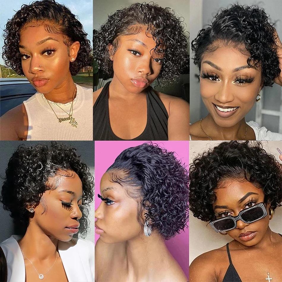 Short Bob Wig Pixie Cut Curly Human Hair Wigs For Women Black Color 13x1 T part lace closure Deep Wave Lace Wig Preplucked Hair