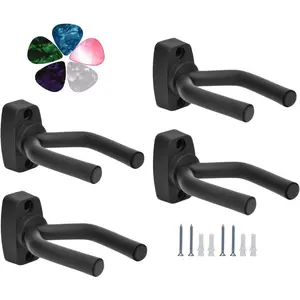 4 Pack Guitar Wall Hanger Stand with 5 Pack Guitar Picks, Violin Wall Hook, Mandolin Rack, Bass Accessories, Easy to Install, Modern Style, Steel with  Coated Arms, Wall Mount