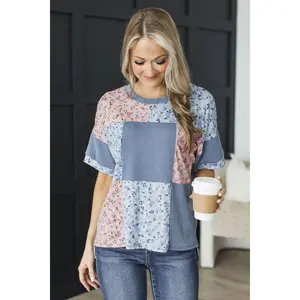 Under Open Skies Floral Patchwork Top- Denim Blue