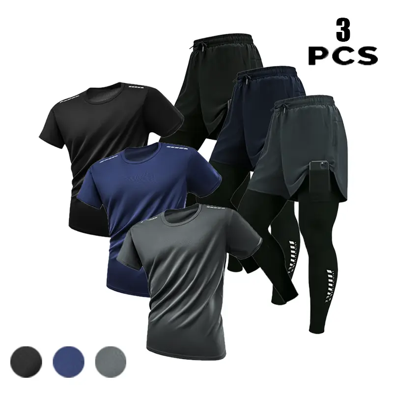 Men’s 2-in-1 training set, 3-piece set — quick-dry T-shirt and compression shorts for gym, running, and everyday wear; gray 2XL set