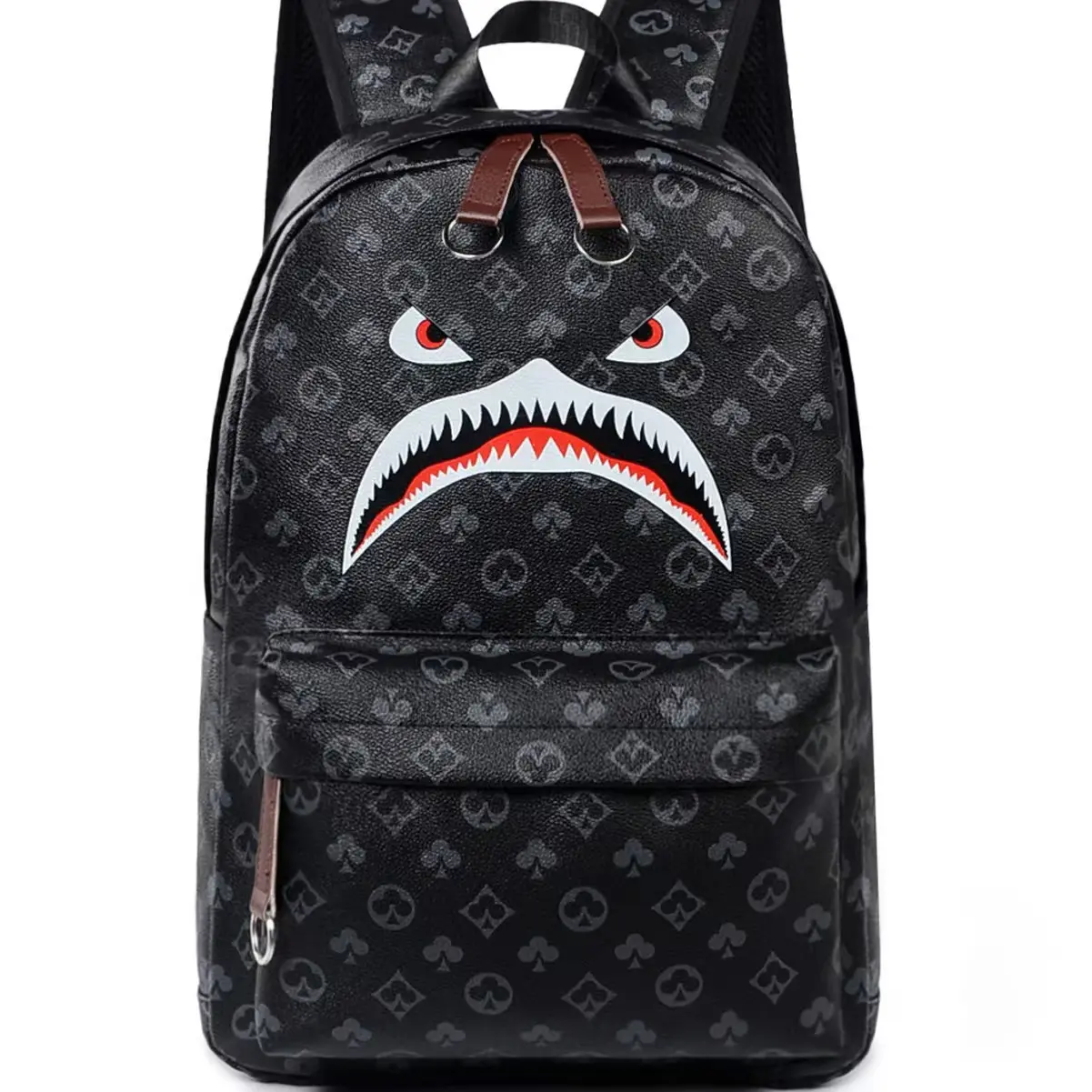 Sprayground Black Monogram Pattern Angry Shark Face Faux Leather Backpack, Hype Streetwear Large Capacity Laptop Backpack, Durable Fashion School Travel Backpack For Teen Boys Back To School Daily Casual Use