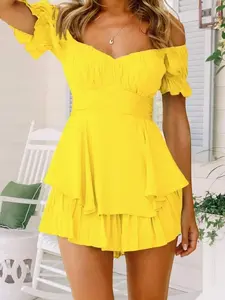 Women Short Jumpsuit, Short Sleeve Off-Shoulder Solid Summer Playsuit For Party Club