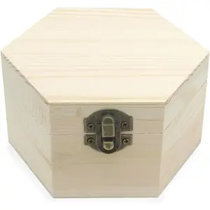 Plain Unfinished Box, Hexagon Unpainted Wooden  Box DIY Storage Chest Treasure Case (Side Length 2.5" * Height 2.7")