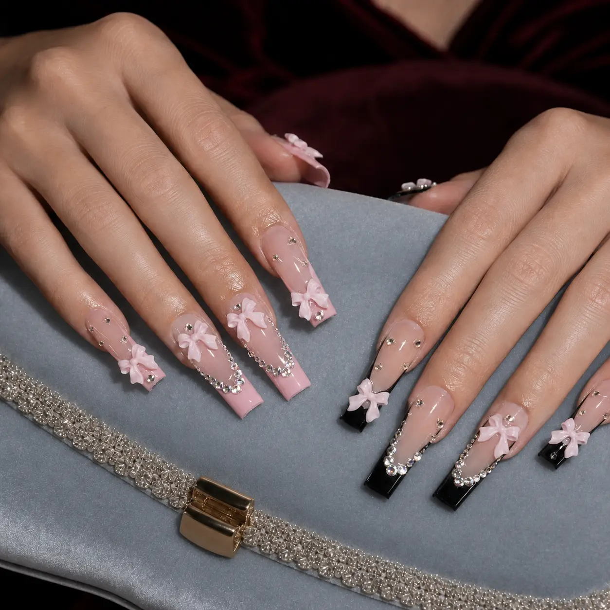 Press-On Nails, 24PCS Long Coffin French Tips, Glam Pink & Black Nail Decor with 3D Bows and Rhinestone Accents, Beauty Products