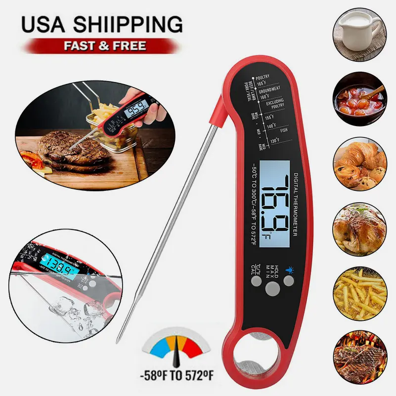 SJPACK Instant Read Digital LCD Thermometer - Food Grade 304 Stainless Steel Probe, IP67 Waterproof, 0.1℃/0.2℉ Resolution, 1 Folding Kitchen Tool Hanging Utensils