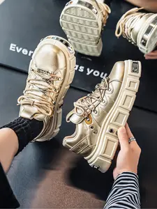 Unisex Oversized Platform Height Boost Shoes: Gear Mecha Sole, Metal Accents, Champagne Gold Upper. For Office Commute/Trendy Trips
